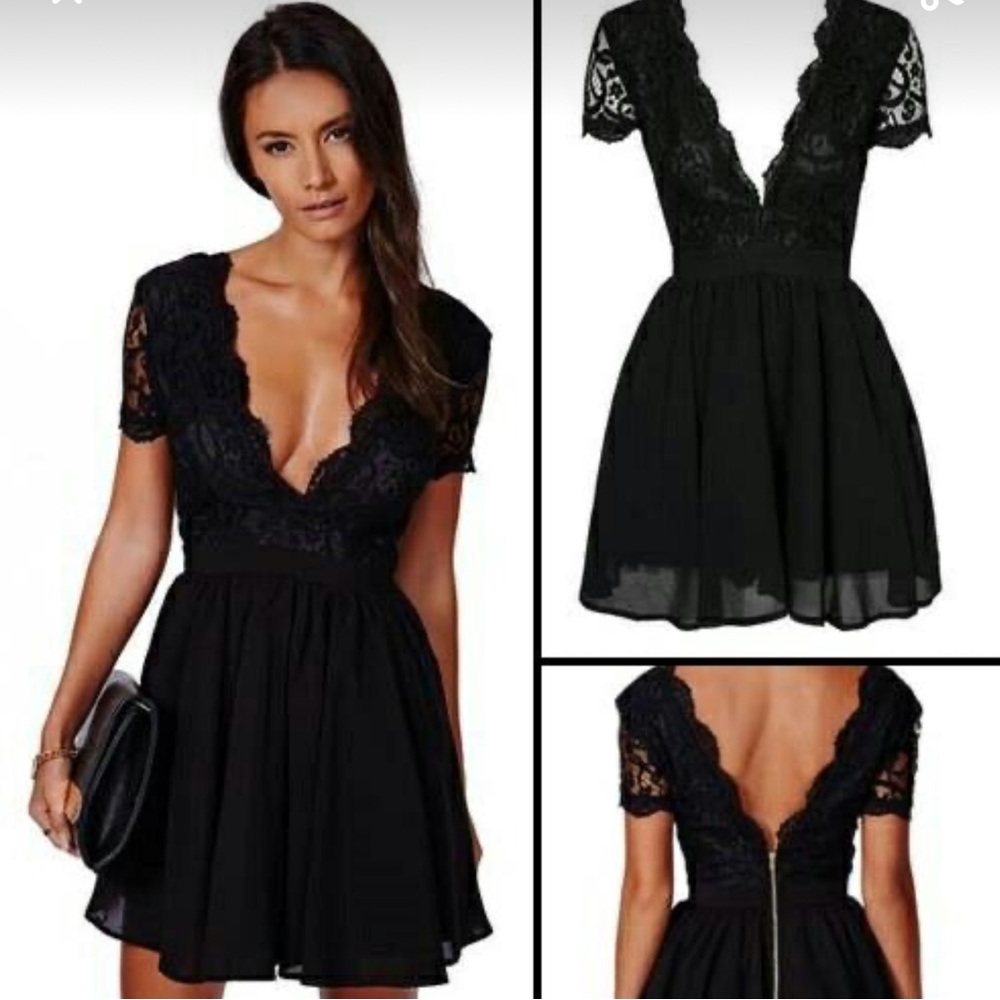 SHEIN Lace Deep V Mini Dress, Black, Sz L